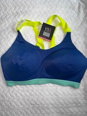 Victoria's Secret VSX Sports Bra 36DD Blue Mesh Neon Criss Cross Racerback NWT